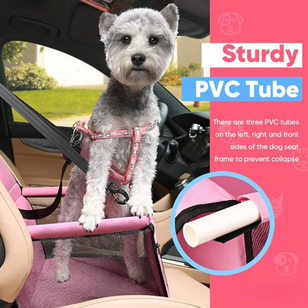 Portable Pet Car Booster Seat: Breathable Bag with Seat Belt, Safety Clip-on Leash